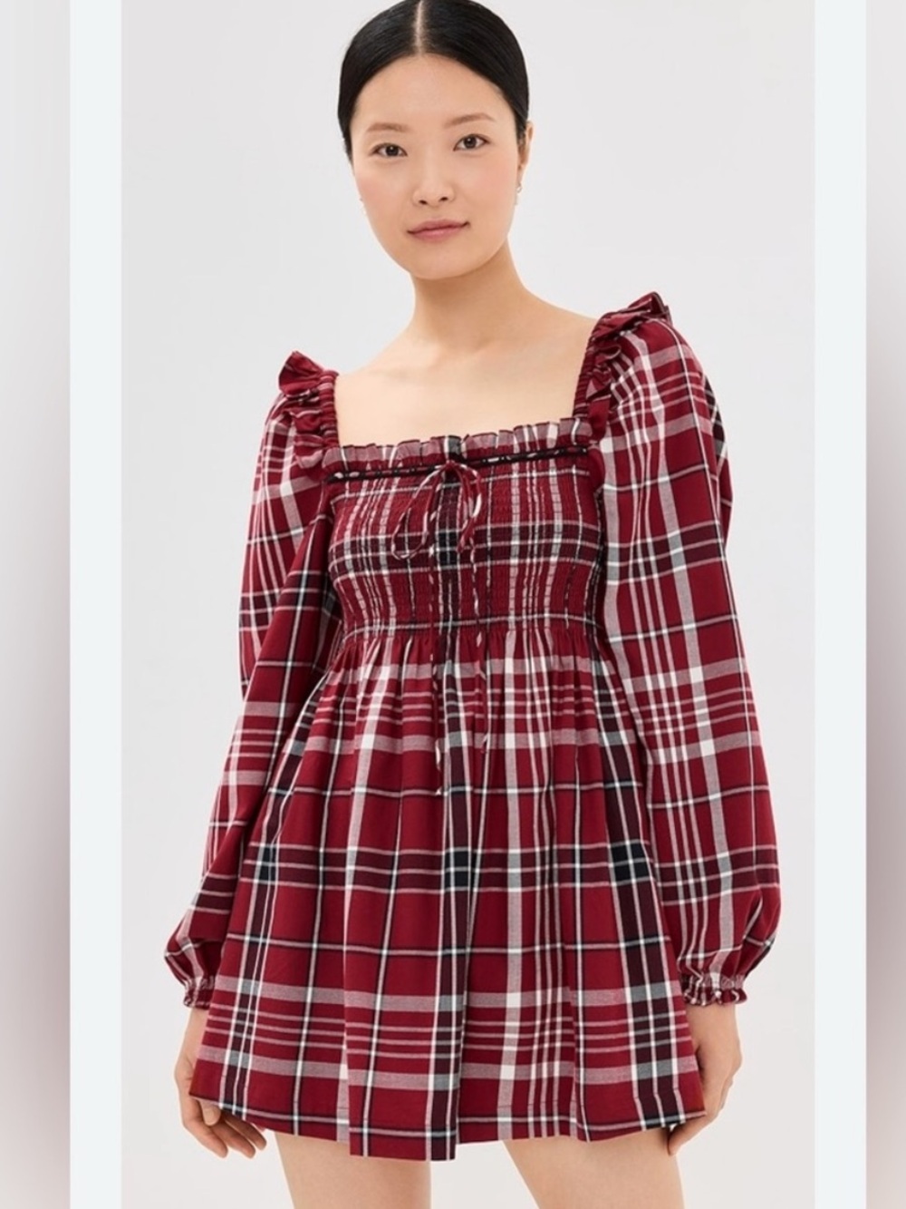NWT Hill House Scarlett Tartan Plaid Nap Dress Mini Puff Sleeve Size M